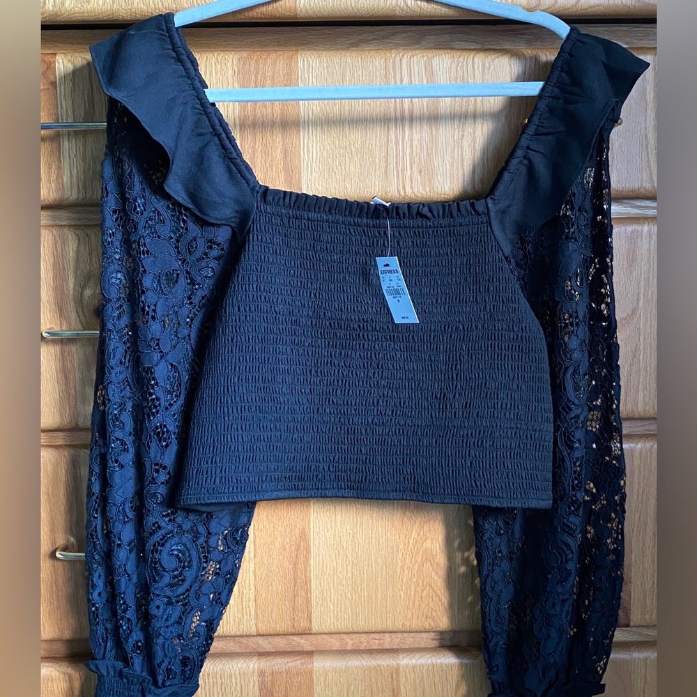Express Black Lace Long Sleeve Cropped Top Blouse Off Shoulder Ruched